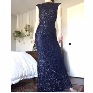 Primavera Couture Long Sequin High Neck Backless Evening Dress in Navy